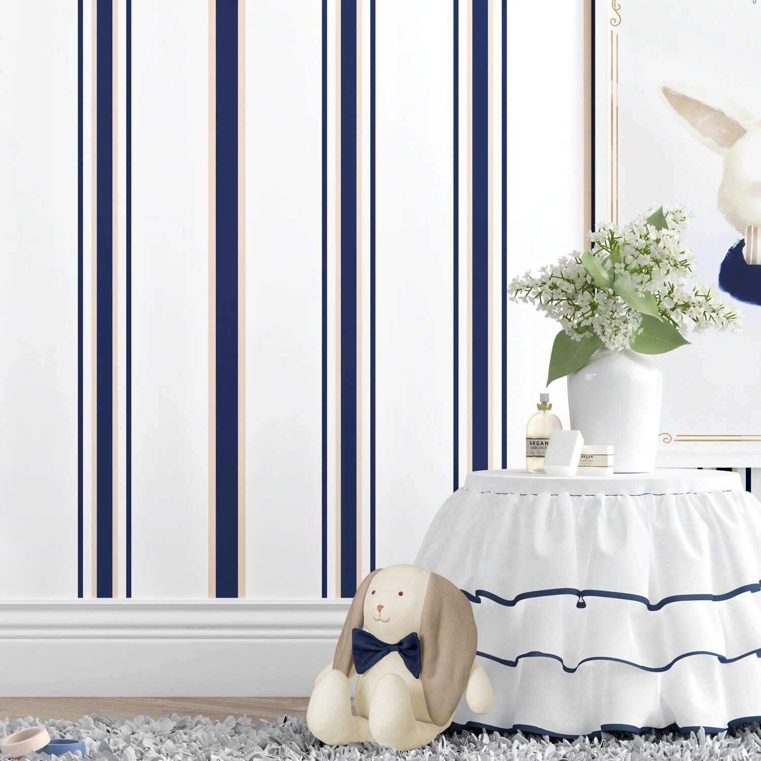 Navy Blue & White Striped Wallpaper