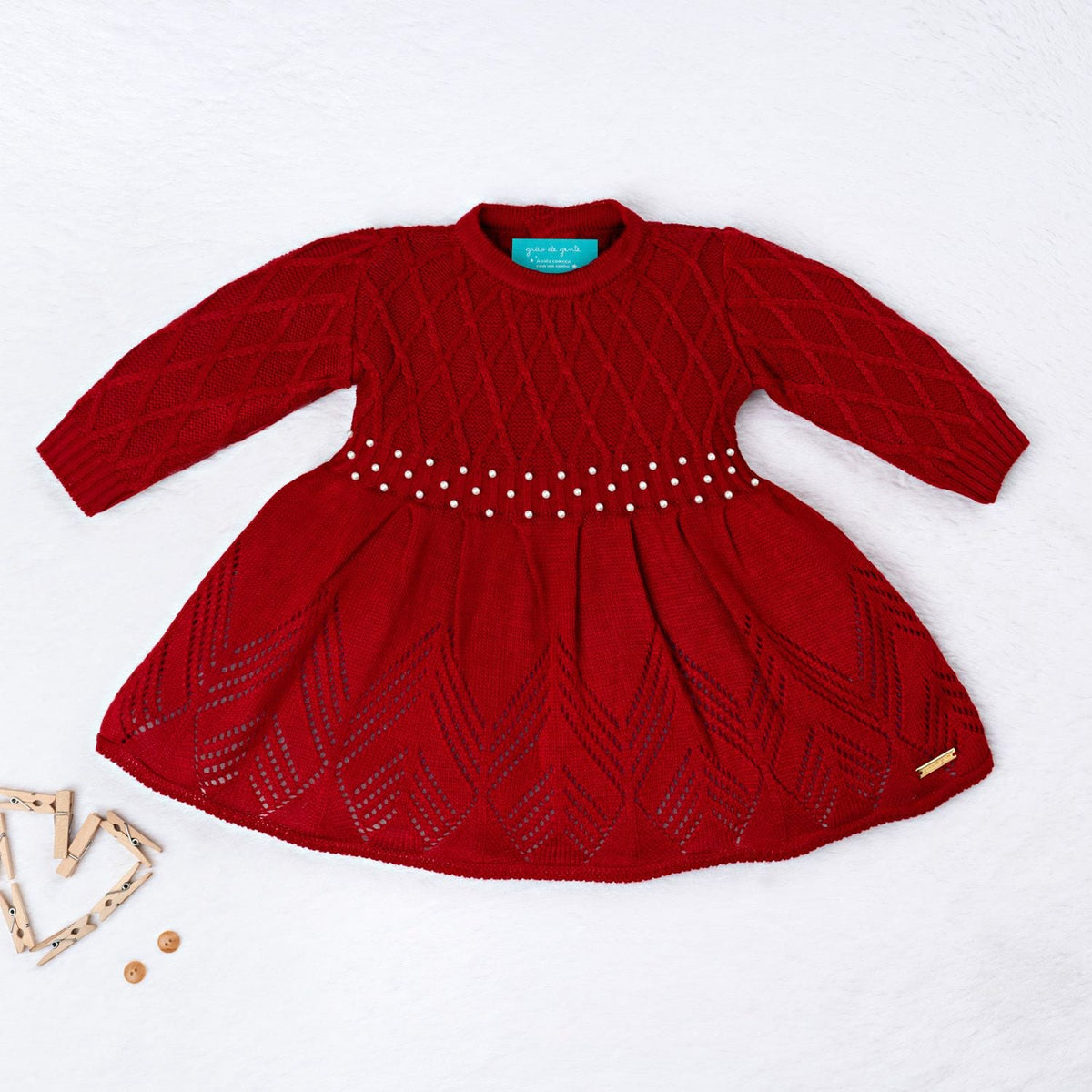 3 Piece Red First Dress with Pearls Knitted Newborn Coming Home Set – Grão  de Gente